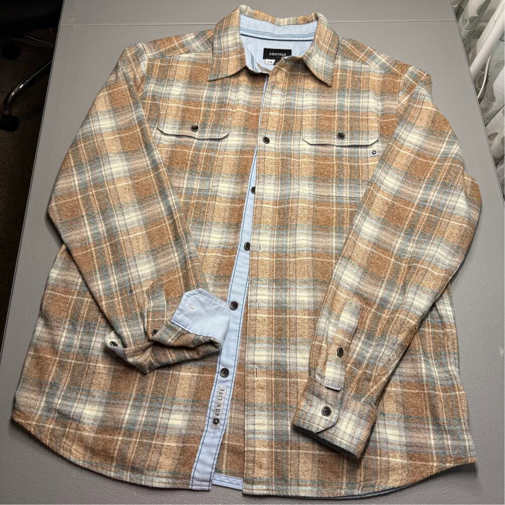 Marmot Plaid Flannel Shirt Men Large Brown Blue Cabincore Long Sleeve Button Up